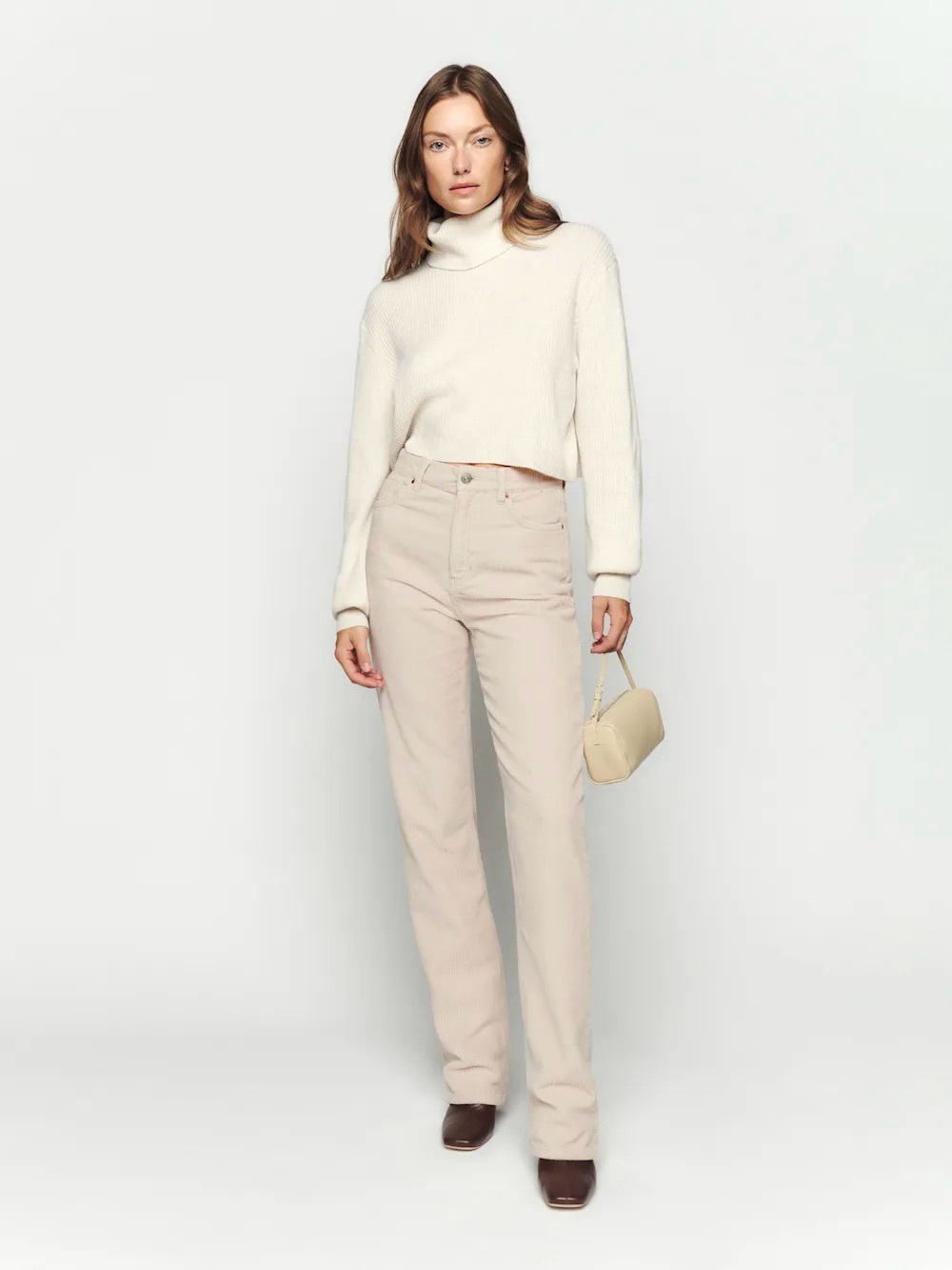 Reformation Cynthia High Rise Straight Long Corduroy Pants in Ecru